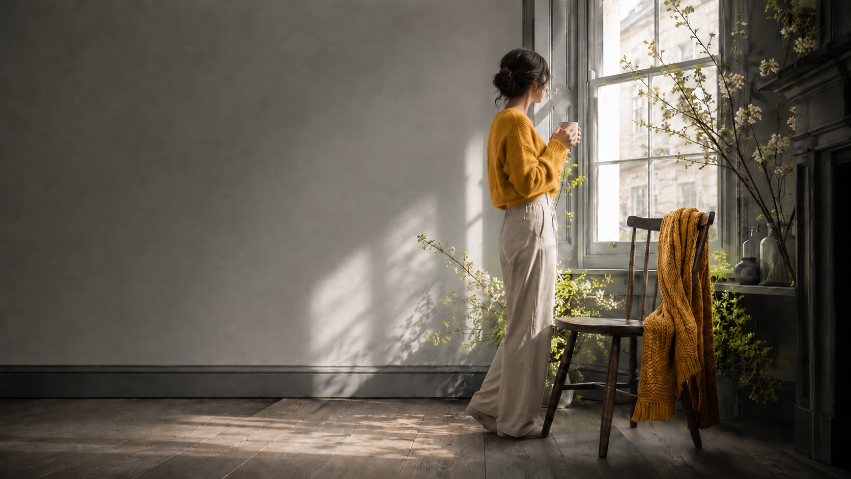 A grey morning room, spring light arriving through a tall window, a warm yellow throw on a chair.