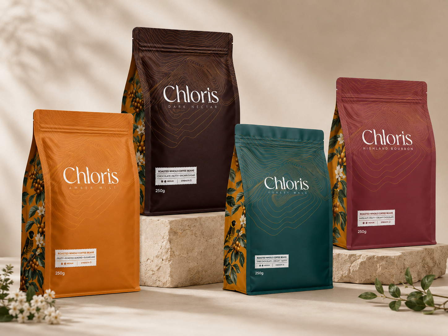 All four Chloris blends together — Forest Walk, Amber Mist, Dark Nectar, Highland Bourbon