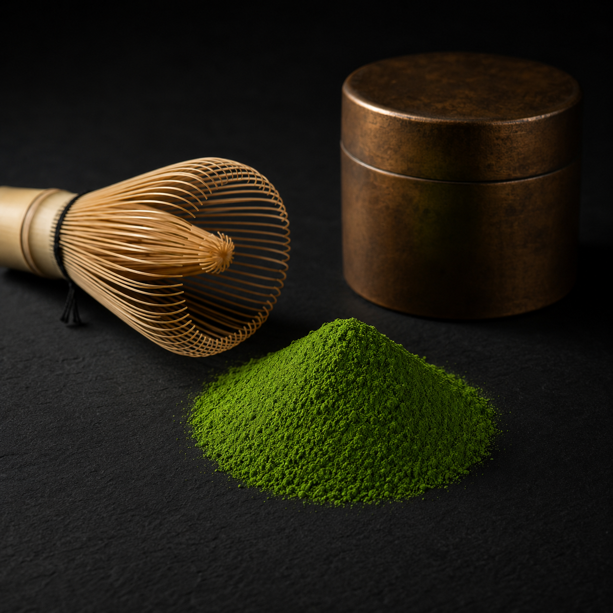 Premium Matcha Grade A — vivid jade powder with bamboo whisk and storage tin