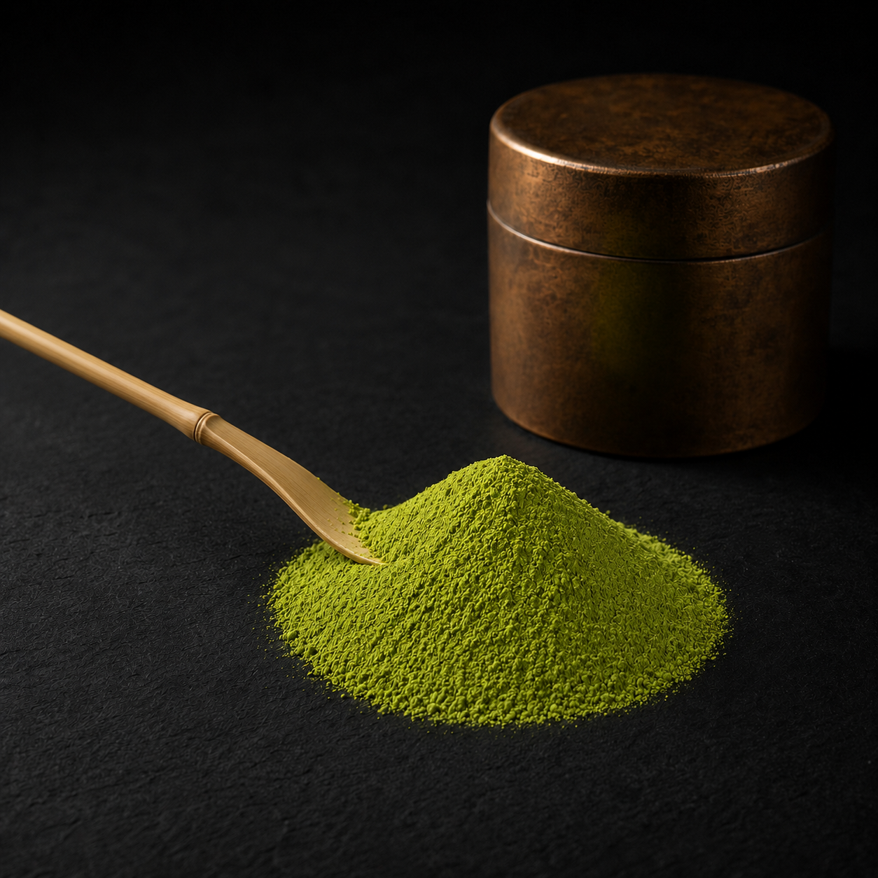Premium Matcha Grade B — bright green powder with bamboo scoop and storage tin