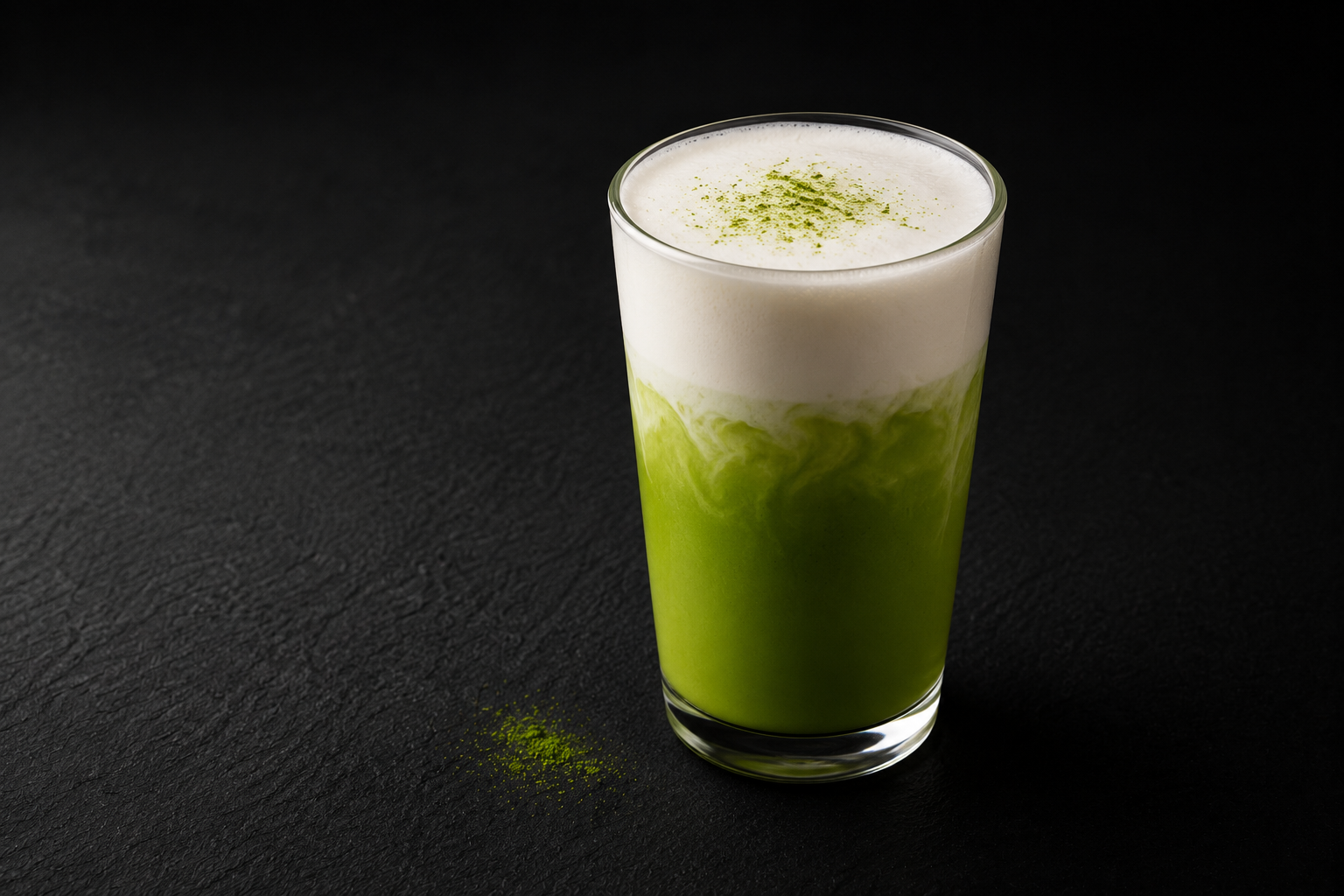 Matcha latte made with Grade B — bright green through steamed milk